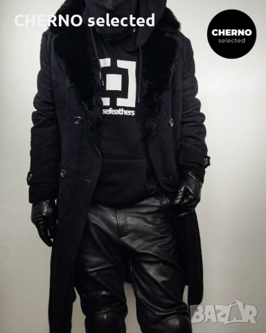 C&A дълго двуредно мъжко кожено палто от естествен велур с кожена яка – размер L , снимка 5 - Якета - 53668334