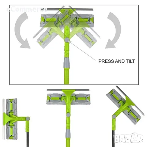 Моп, стъклочистачка с телескопична дръжка, чупеща глава, перяща предна част и резервен моп, снимка 7 - Мопове, кофи, четки и метли - 47655505