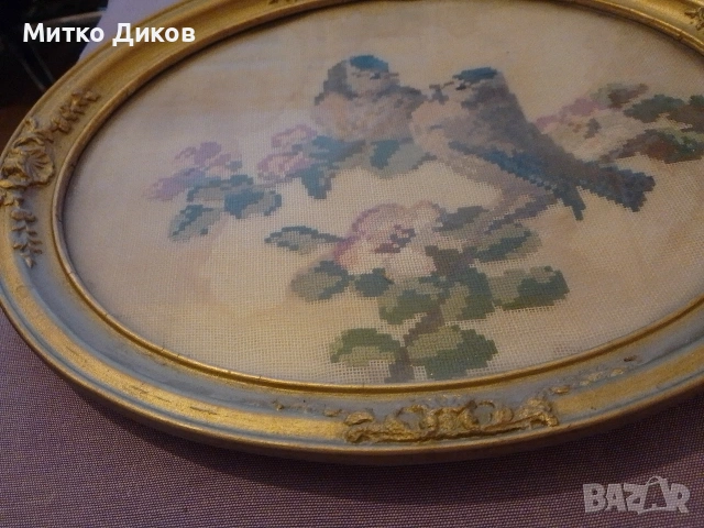 Винтидж гоблен вилеров Мария Шаф „Влюбени хора“ 1984 г., синигери рамкиран 36х30 см, снимка 4 - Декорация за дома - 54043382