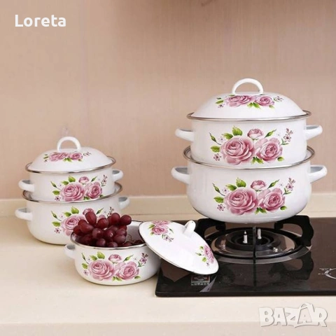 Комплект 5 бр. емайлирани тенджери с незалепващо покритите + капаци ТОП КАЧЕСТВО, снимка 2 - Съдове за готвене - 53282035