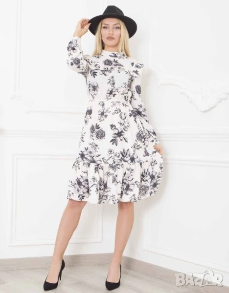 Разпродажба! Нова рокля до коляното разкроена с дълъг ръкав с флорални мотиви черно и бяло елегантна, снимка 1