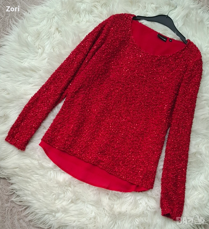 УНИКАЛНА блуза от червено букле, цялата в червени пайети, снимка 1