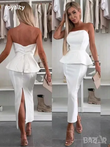Елегантен дамски костюм пола с бюстие в бяло, снимка 1