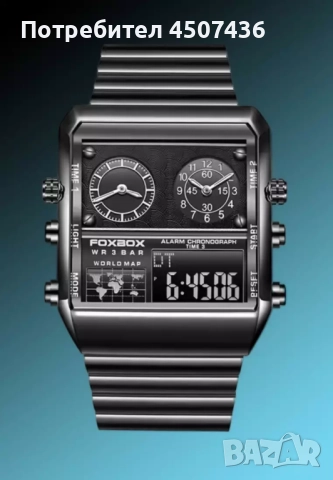 FOXBOX Унисекс аналогов/дигитален концептуален часовник,черен циферблат,каишка от неръждаема стомана, снимка 4 - Мъжки - 52793580