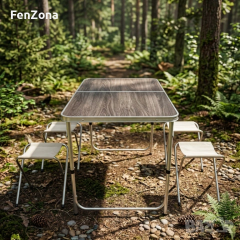 Комплект сгъваема къмпинг маса с 4 стола, регулируема височина, дизайн "куфар" в сив цвят