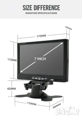 7-инчов LCD монитор за камера задно виждане, 2 видео входа, 1024x600, снимка 4 - Аксесоари и консумативи - 53483792