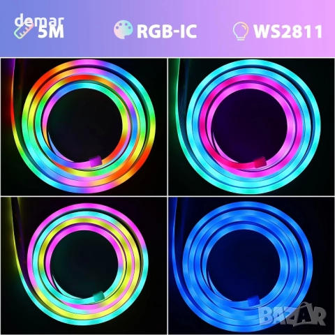 FWoche LED неонова въжена светлина 5M, RGB IC светлинна лента Bluetooth приложение и IR дистанционно, снимка 6 - Лед осветление - 52128873