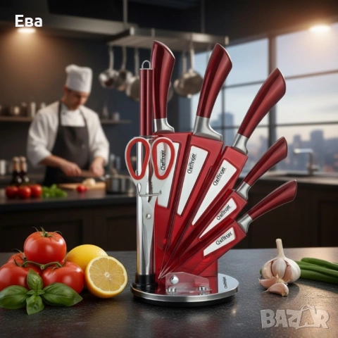 Комплект ножове 8 части със стойка Cheffinger - неръждаема стомана, въртяща се акрилна поставка 360°