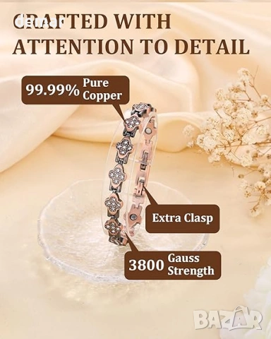 Гривна от мед BioMag 99.99% за жени, магнитна гривна за жени с дизайн на детелина за късмет, снимка 2 - Гривни - 54217331