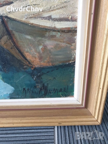 Knut Norman 72х60см/стара голяма шведска картина масло върху фазер/Венеция-мост-лодка/дървена рамка, снимка 7 - Картини - 52075987