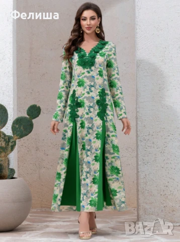 Прекрасна Дълга Памучна Рокля с Луксозна Бродерия в Тревисто Зелен Цвят, снимка 5 - Рокли - 51062191