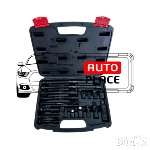 Комплект ударни преходници ( адаптери ) и удължения 1/4″, 3/8″ и 1/2″ 18 части KraftWelle, снимка 2 - Други инструменти - 53897758