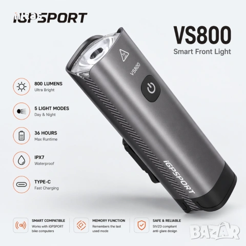 Предна SMART LED фар светлина за велосипед IGPSPORT VS1800, 800 lm, Bluetooth, USB-C, снимка 5 - Аксесоари за велосипеди - 54191380