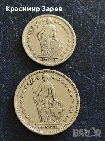 2 франка 1921 год.и 1 франк 1920 год., Швейцария, сребро, тегло 10 и 5 гр.,835/1000