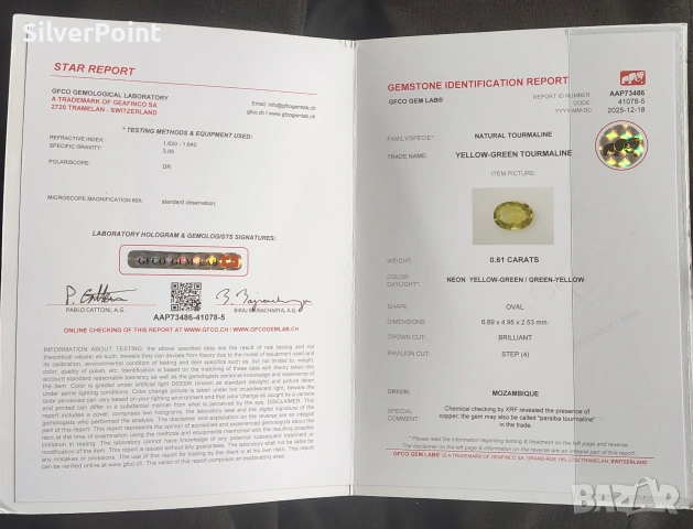 Турмалин Параиба VVS с швейцарски сертификат , снимка 6 - Други - 54080579