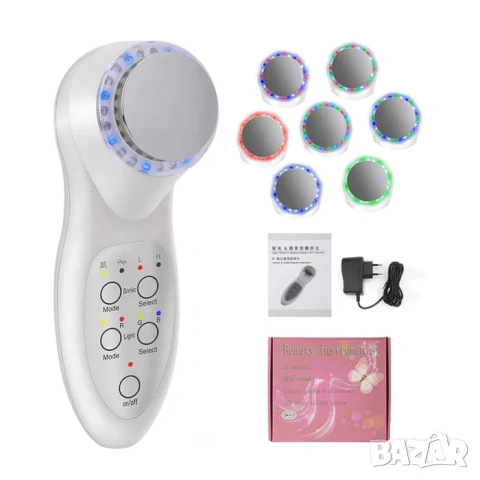 Портативен козметичен уред ултразвук и светлинна LED терапия със 7 светлини, за вкарване на продукти