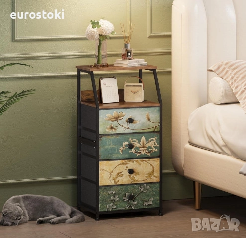 Скрин VEDECASA, скрин с 4 чекмеджета от плат, с отворен рафт, метална рамка, дървен плот, винтидж , снимка 4 - Скринове - 52777394