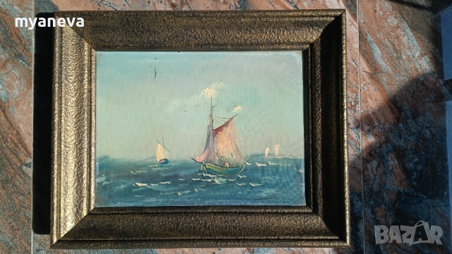 Стара картина , морски пейзаж с маслени бои върху платно в дървена рамка. , снимка 3 - Картини - 53879972