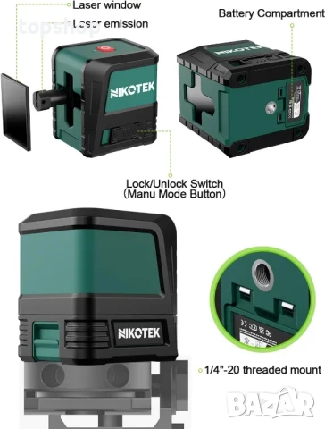 НОВ лазерен нивелир Nikotek самонивелиращ се, IP54 водоустойчив + чанта за носене и 2 батерии, снимка 7 - Гедорета - 50525132