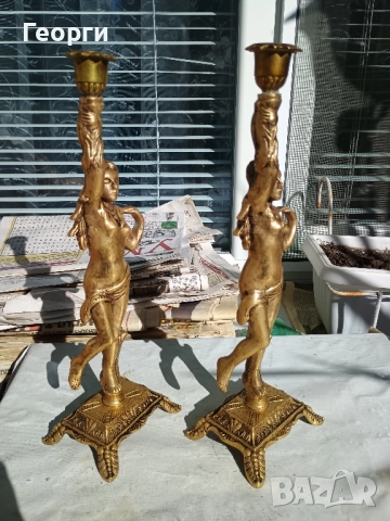 Чифт бронзови свещници 30 см., снимка 3 - Антикварни и старинни предмети - 52220798