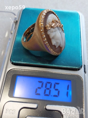Уникален дамски златен пръстен,злато 18 карата,45 брилянта,и огромна камея, снимка 5 - Пръстени - 53840580