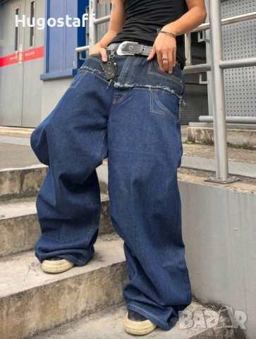 Нови baggy Casual Loose Fit Jeans дънки панталони карго двойни черно сини дизайн размер 34, снимка 6 - Дънки - 52513383