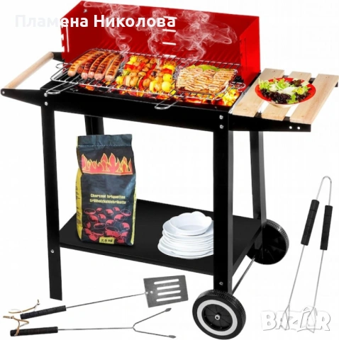 Градинско барбекю на колела, емайлирана стомана, 4 степени + Подарък 3 прибора, снимка 3 - Барбекюта - 53442355