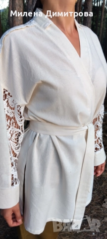 Ленено кимоно / Кимоно от американ и дантела ръчна изработка , снимка 13 - Сака - 48845116