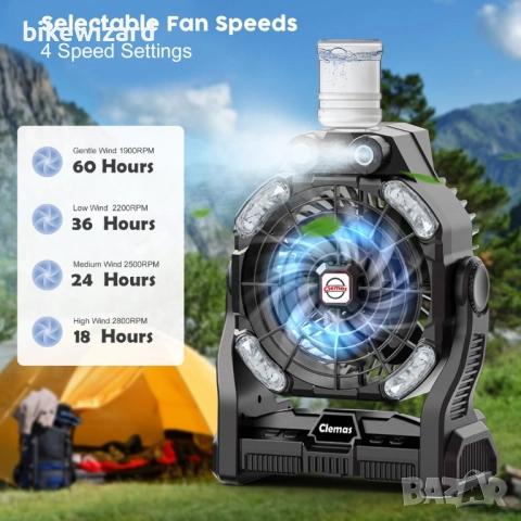Clemas Голям къмпинг вентилатор със осветление и овлажняване презареждаща батерия НОВ, снимка 2 - Къмпинг осветление - 52160237