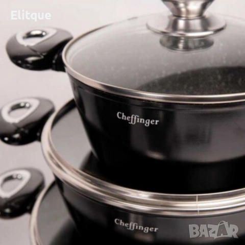 Комплект съдове за готвене Cheffinger от лят алуминий с мраморно покритие – 10 части, снимка 5 - Други - 53427460