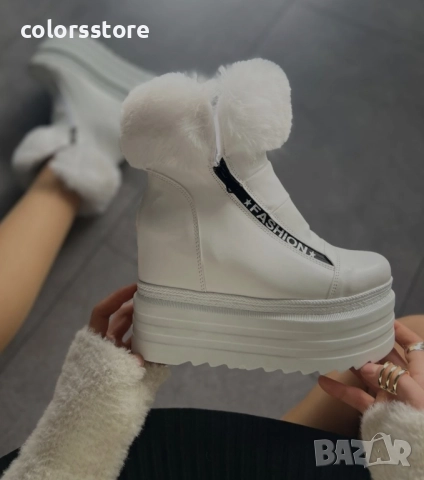 Боти на платформа - бяла кожа с пух - BH2055 , снимка 2 - Дамски боти - 52216563