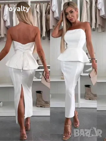 Елегантен дамски костюм пола с бюстие в бяло