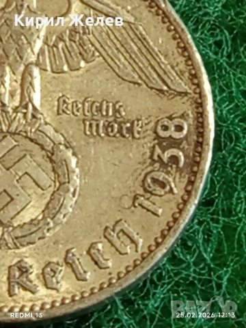 Сребърна монета 5 райхсмарки 1938г. Германия Трети Райх с Свастика за КОЛЕКЦИОНЕРИ 40706, снимка 4 - Нумизматика и бонистика - 53616558