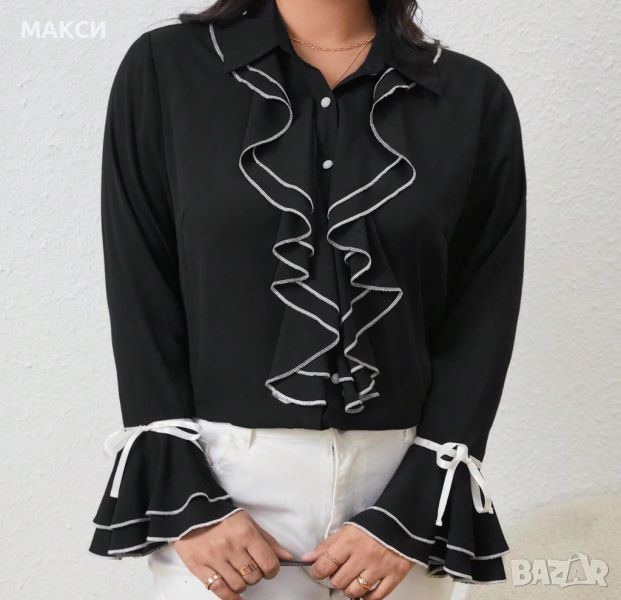Прекрасна елегантна стилна риза с ефектни ръкави в черно с фини бели кантове, снимка 1