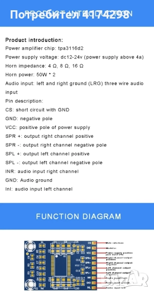 TPA3116D2 Мини усилватели Модул Клас D Модул за усилвател на гласов звук Два канала Двойни 50W, снимка 1