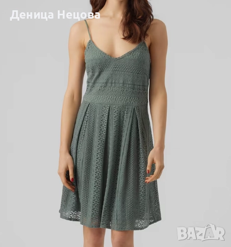 Рокля с дантела, зелена рокля, цвят каки, снимка 1