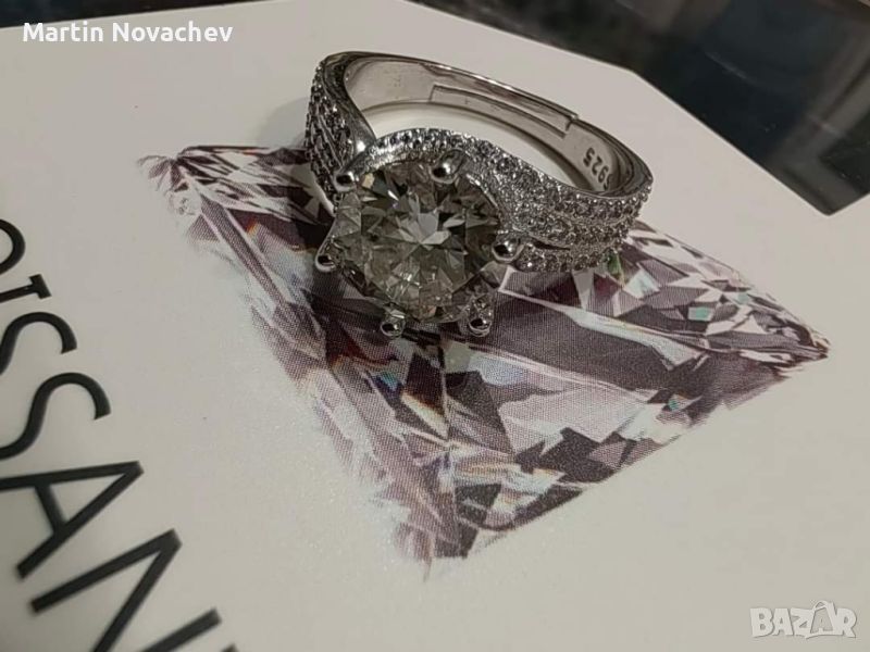 Сребърен пръстен с мойсанит диамант 2 карата (сертификат), снимка 1