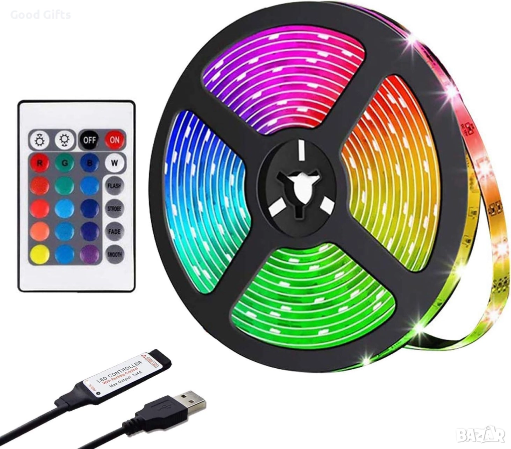 RGB LED лента Mood Lights с дистанционно управление – USB захранване, многоцветно амбиентно осветлен, снимка 1