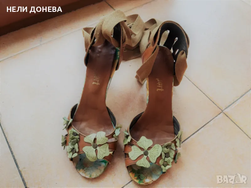 Уникални Сандали ЕСТЕСТВЕНА Кожа с Декорация Кожени Цветя и връзки! №37, снимка 1