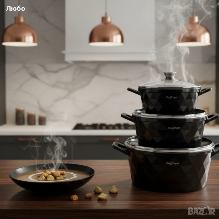 Комплект от 3 броя висококачествени съдове за готвене Cheffinger - 6 части, снимка 1