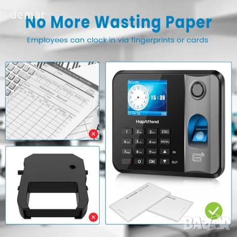 H1 Машина за отчитане на работно време, скенер за пръстови отпечатъци, 5 RFID карти, снимка 5 - Друга електроника - 53647466