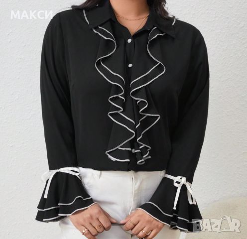 Прекрасна елегантна стилна риза с ефектни ръкави в черно с фини бели кантове, снимка 1 - Ризи - 46206333