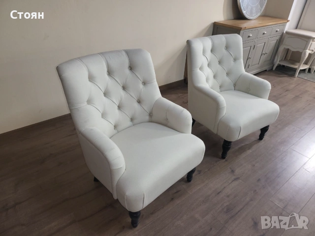 Два броя светло кремави фотьойли от плат, снимка 5 - Дивани и мека мебел - 53802846