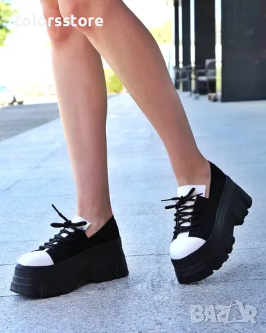 Обувки на платформа - черен велур и бяла кожа - DA60, снимка 2 - Дамски ежедневни обувки - 50396251