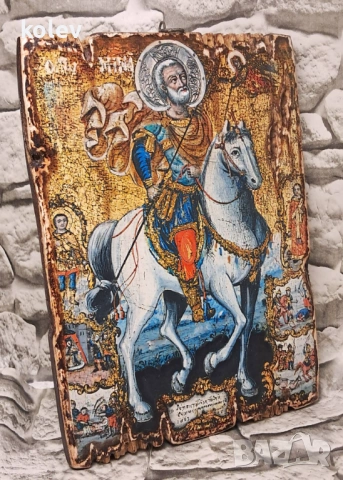Икона Свети Мина на кон със светци 25/18 см - УНИКАТ, декупаж, снимка 3 - Икони - 53620984