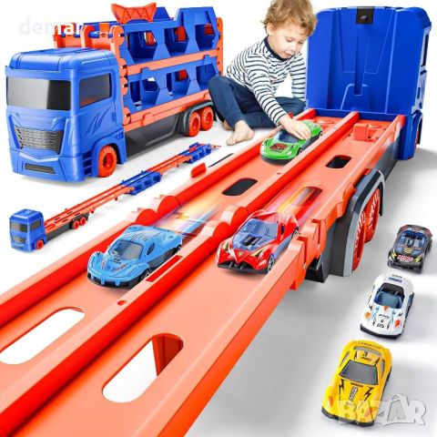 Транспортен камион с мини автомобили, състезателна писта, играчка за деца 2+ г.