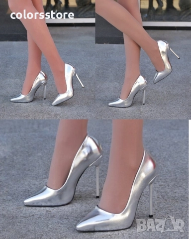 Обувки на ток - сребриста кожа - 6060 I