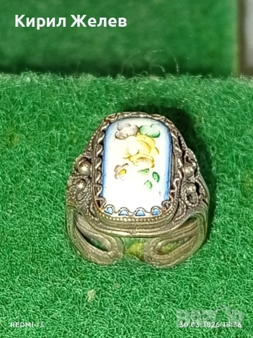 Винтидж сребърен пръстен филигран гранулация ръчно рисуван емайл 17131, снимка 3 - Пръстени - 54027853