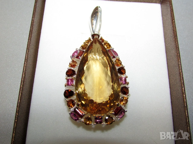 925 сребърно колие с голям цитрин, минерал 60 карата