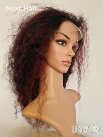 Естествена афро перука къдрава черна с тъмно червени бородо кичури с дантела 13х4, снимка 5 - Аксесоари за коса - 52019116